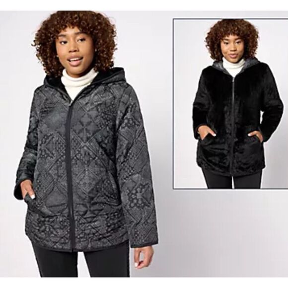 Susan Graver Jackets & Blazers - Susan Graver Medium Quilted Fleece Hooded Reversible Jacket Black Patchwork NWOT